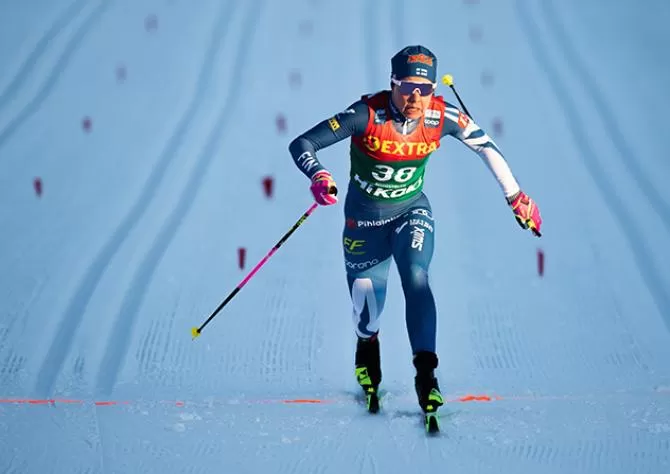 Skier crossing the finish line